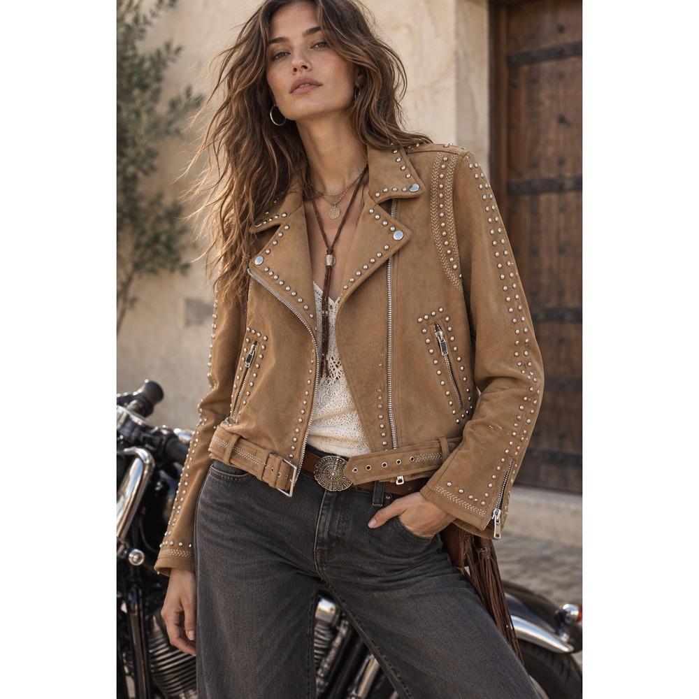 Zara Moto Jacket Women XL Tan Studded Embroidered Faux Suede Belted Biker Boho
